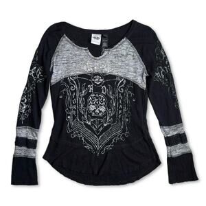 Y2K Harley Davidson Skull Pure Heart Black‎ & Grey Long Sleeve Top | Size Medium